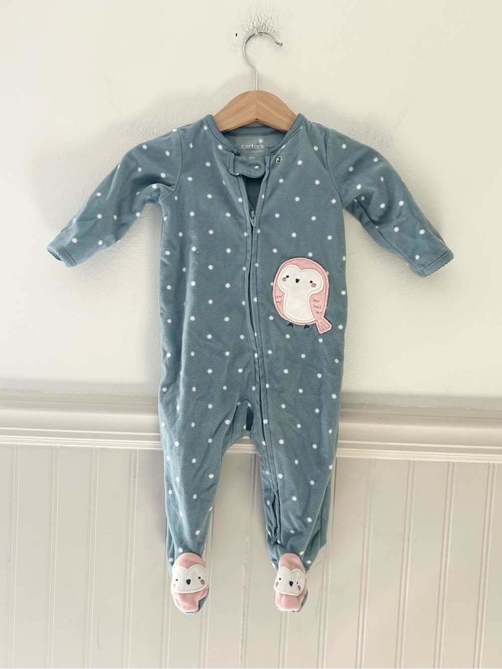 Carter's 6 Months Teal Blue Polka Dot Owlet Footed One-Piece